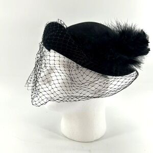 Vintage Doeskin Black Wool Felt Pillbox Hat Birdcage Veil Feather Pom Size 22